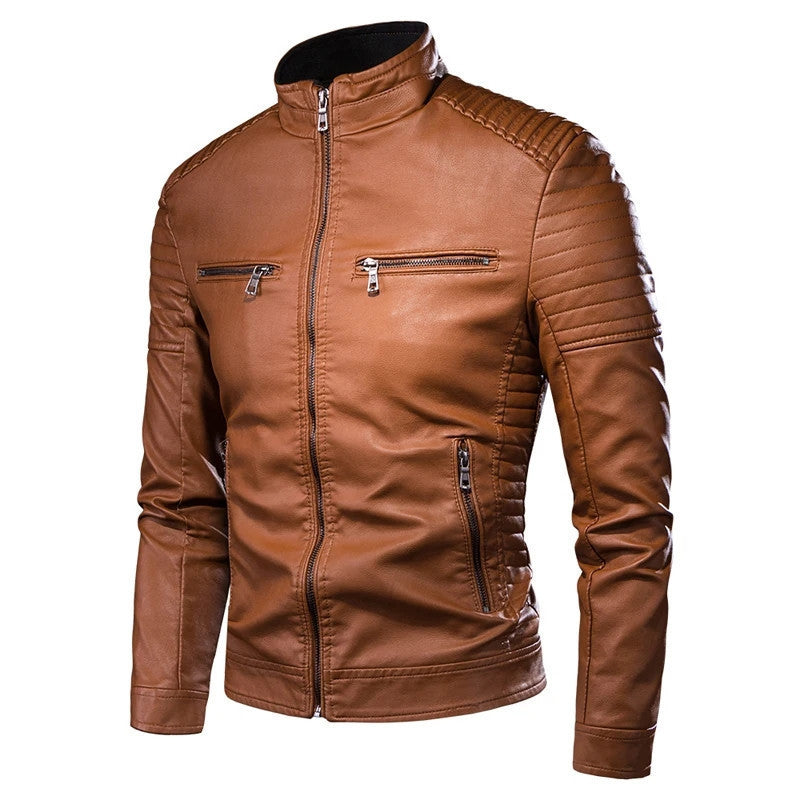 Mens Slim Fit Stand Collar PU Leather Jacket Casual Coat
