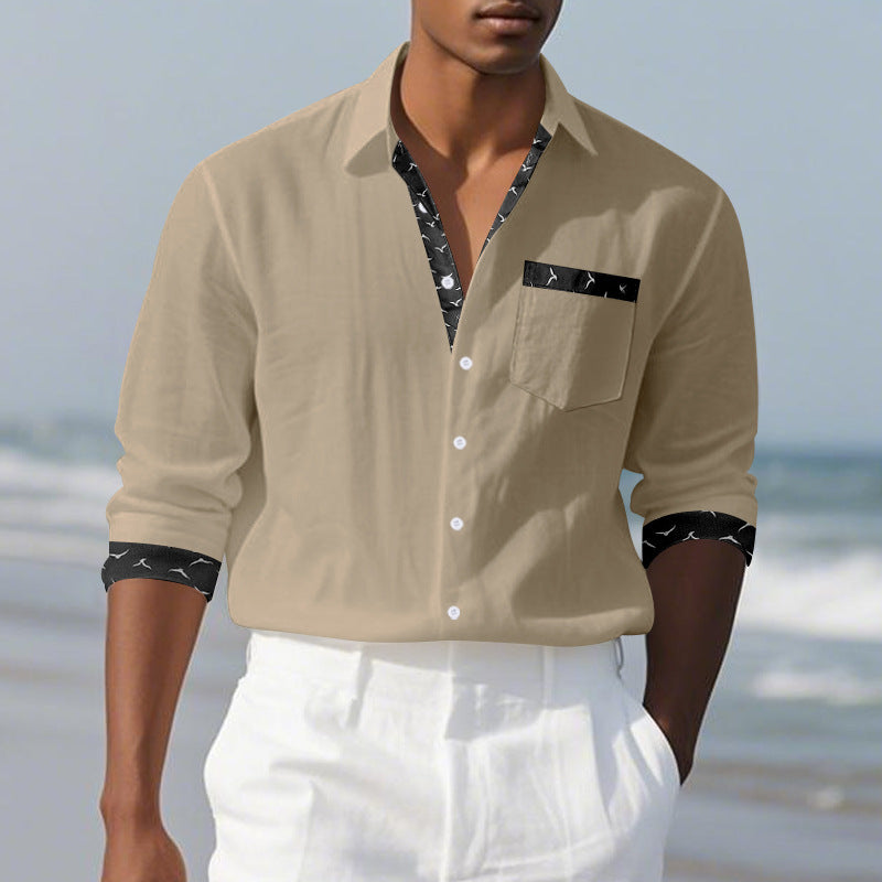 Men's Solid Color Long Sleeve Lapel Shirt Digital Print