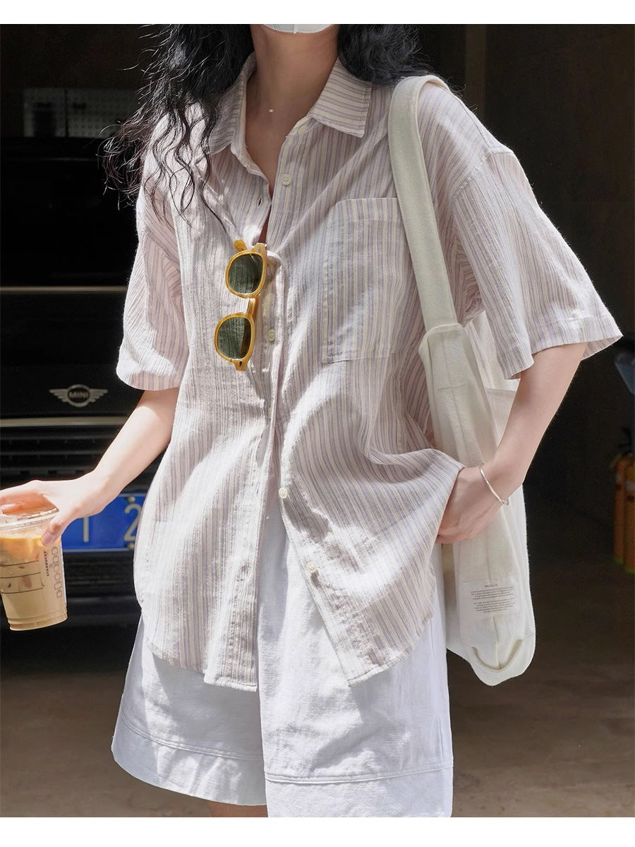 Blue White Striped Cotton Linen Short Sleeve Shirt