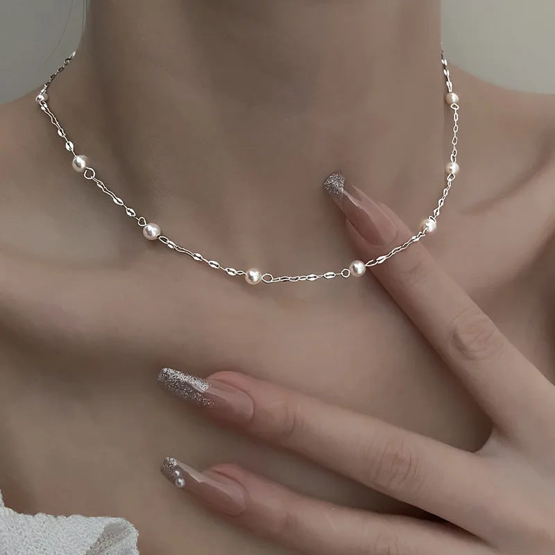 Stainless Steel Pearl Pendant Clavicle Chain Necklace for Women