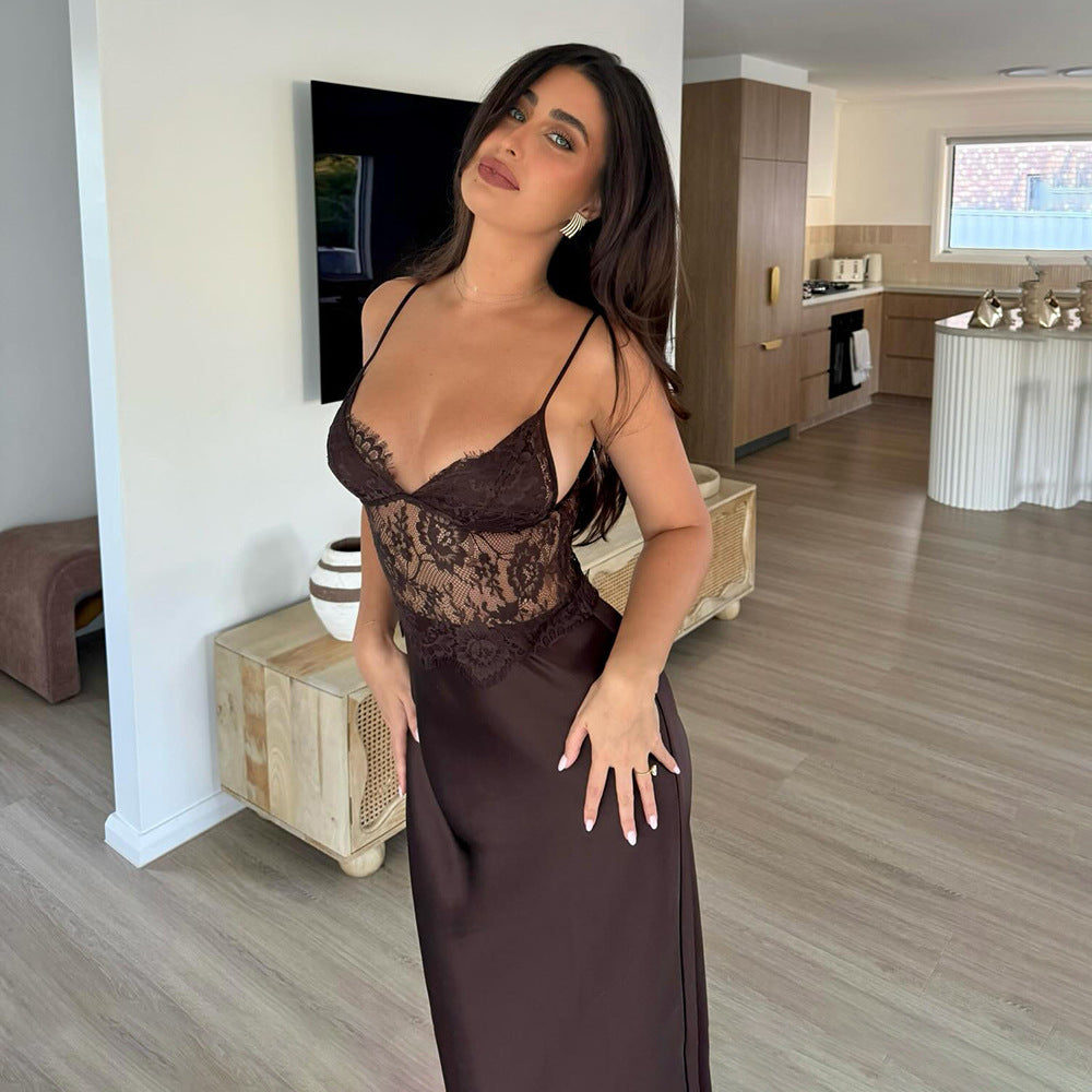 Lace Spliced Long Dress with Deep V-Neck