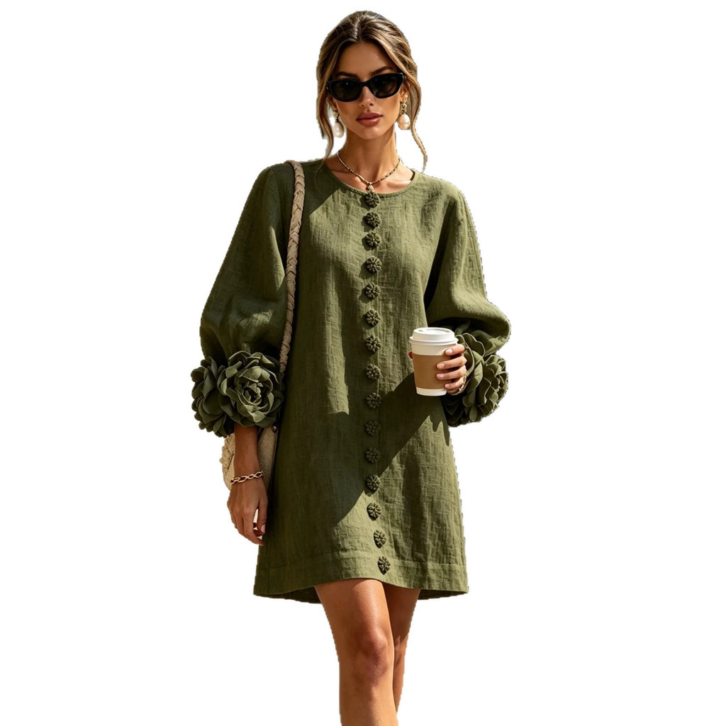 French Floral Cotton Linen A-Line Dress