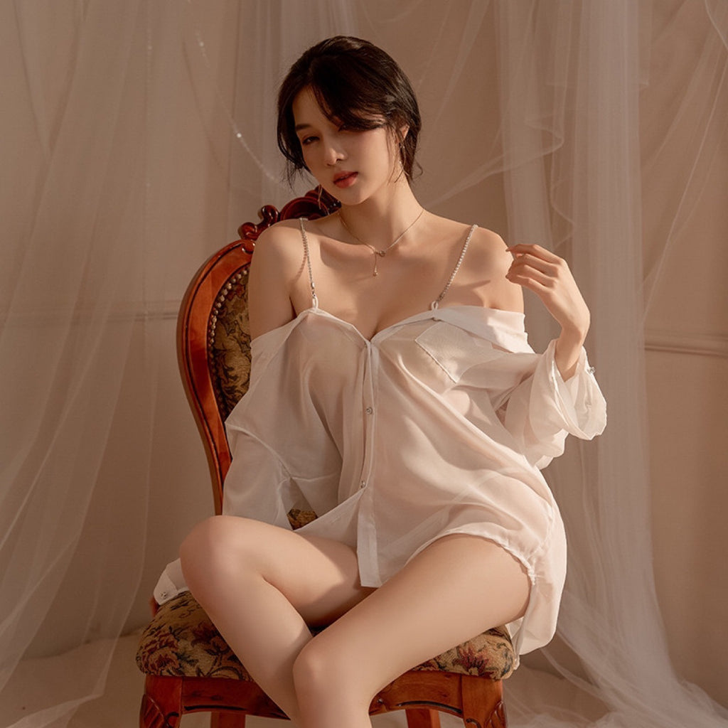 Women's See-Through Shirt Style Suspender Lingerie Dress with T Pants