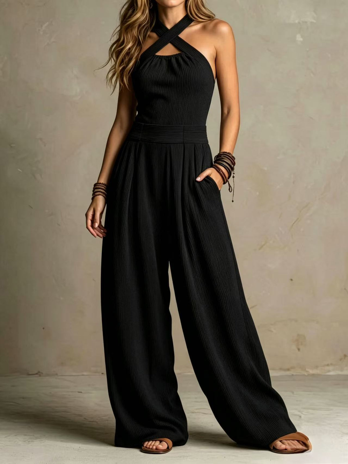 Crossed-necked openwork one-piece pants