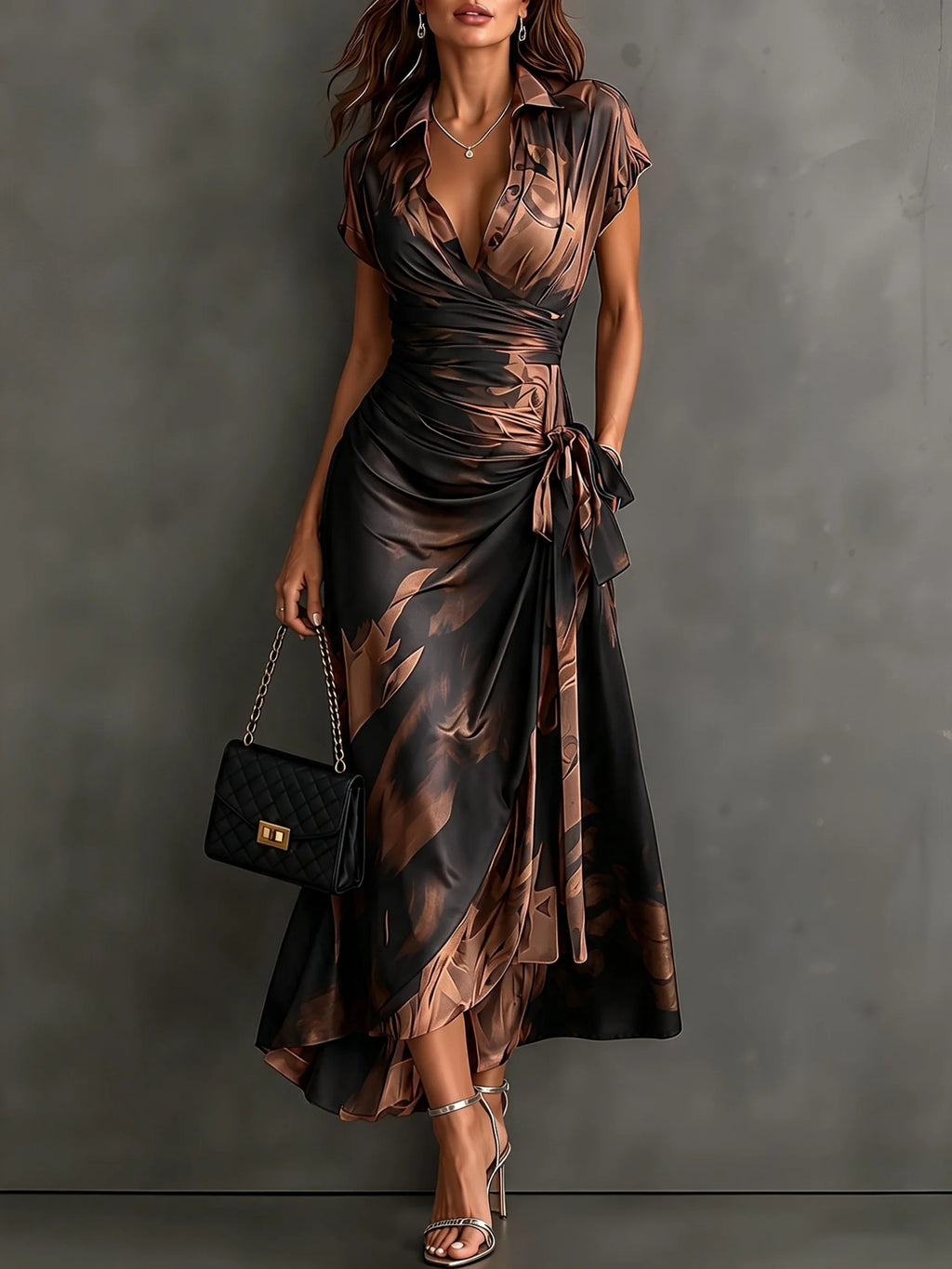 Womens Ink Print Wrap Dress with Collar Short Sleeves High Waist Tie Side Slit