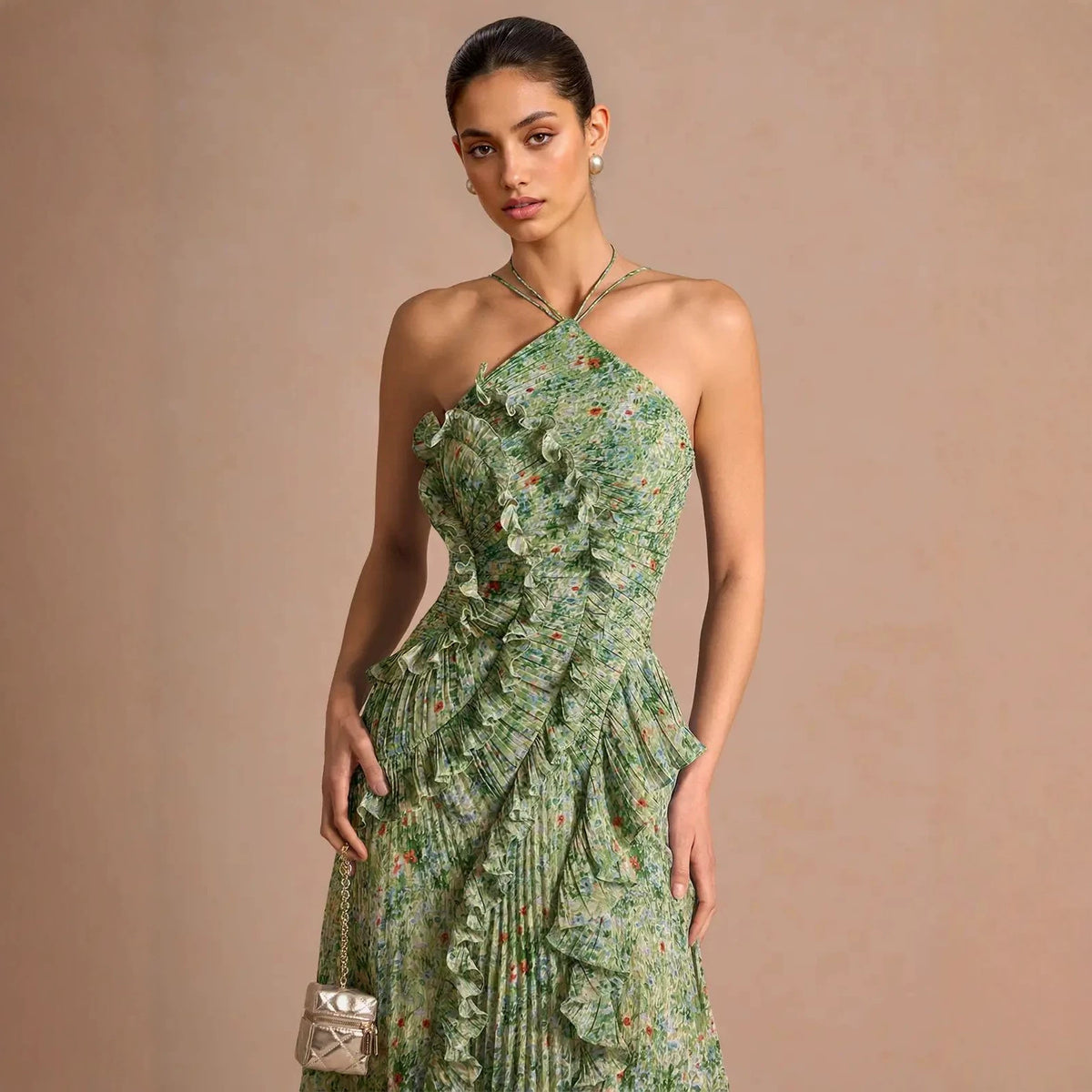 Women's Pleated Chiffon Midi Dress Floral Print Evening Gown