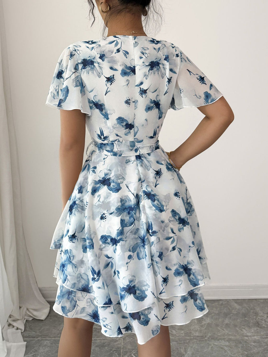 Womens Floral Print V-Neck Short Sleeve Bohemian Swing Dress