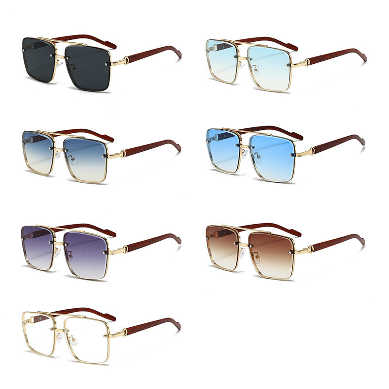 Retro Metal Double Bridge Sunglasses with Wood Grain Legs