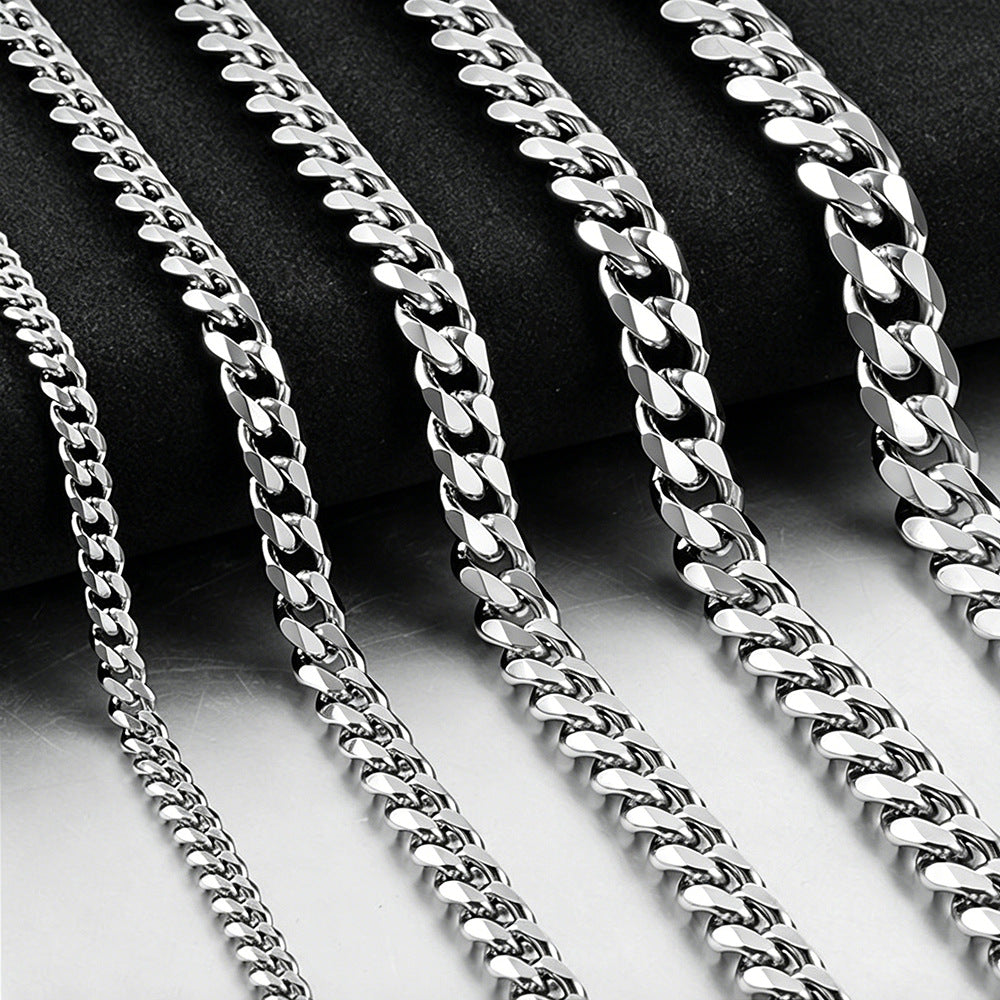 Six-Sided Mill Cuban Chain Necklace Bracelet Stainless Steel Hip Hop Jewelry