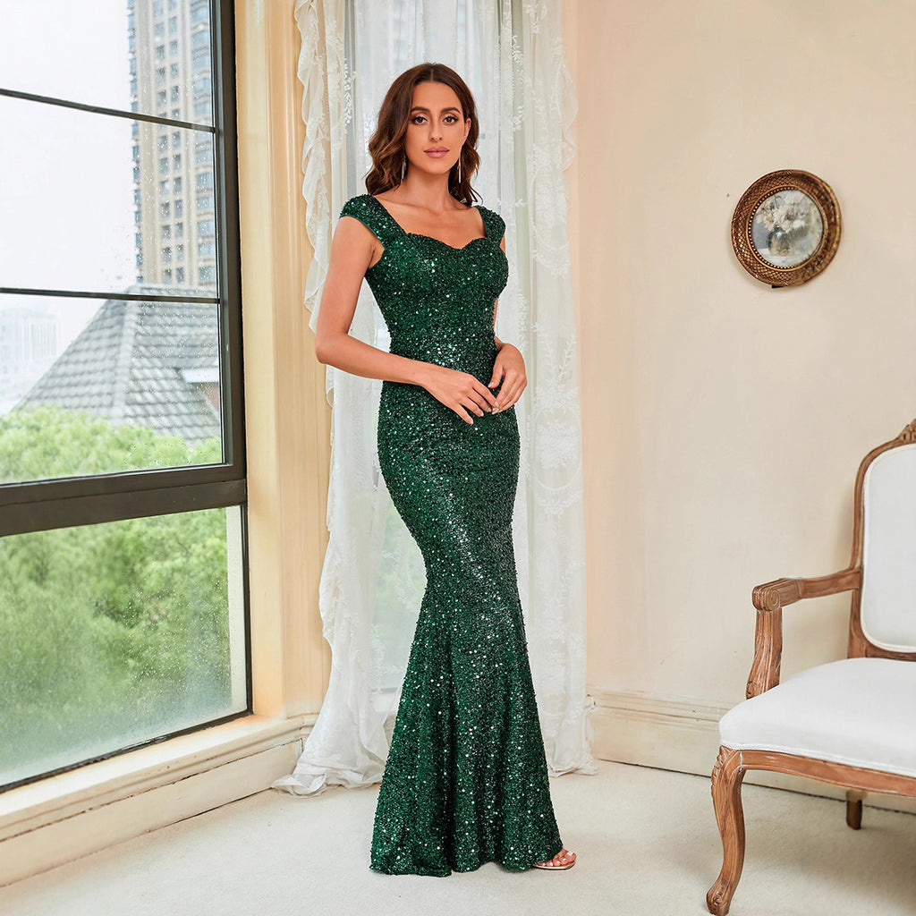 Elegant Green Sequined Evening Gown