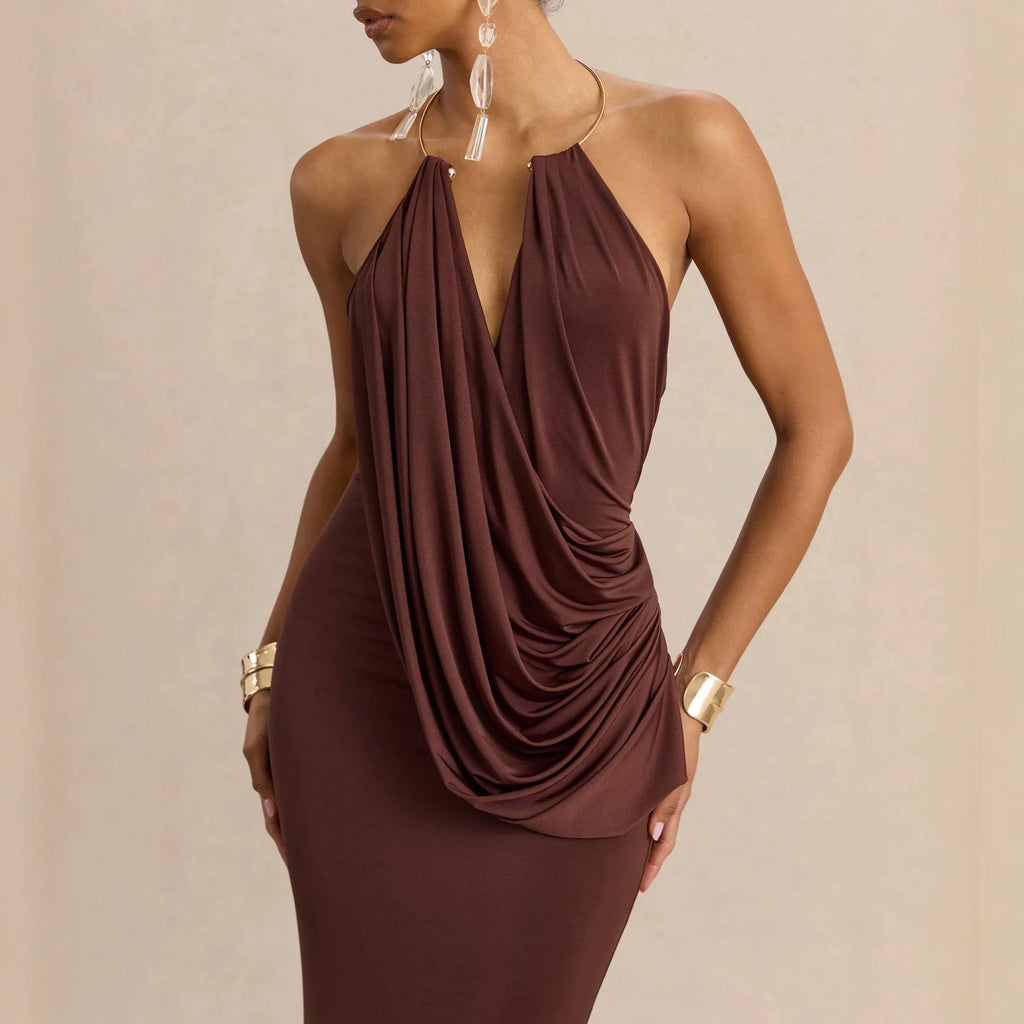Womens Pleated Bodycon Dress with Ruffle Neck
