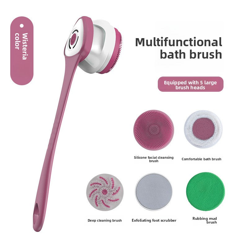 Electric Silicone Bath Brush with Long Handle and Multiple Brush Heads