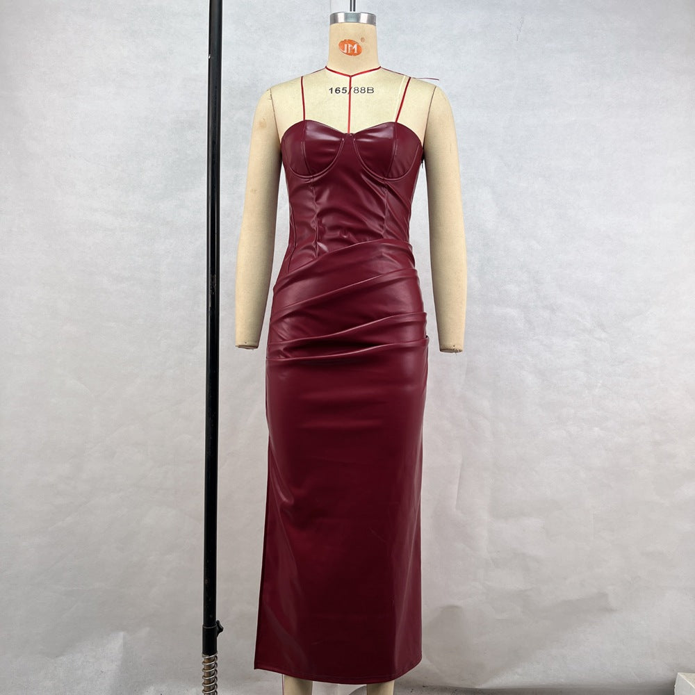 Pu Leather Sling Dress with Slit