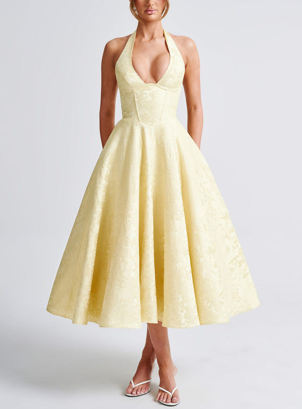 V-Neck Halter Jacquard Evening Dress