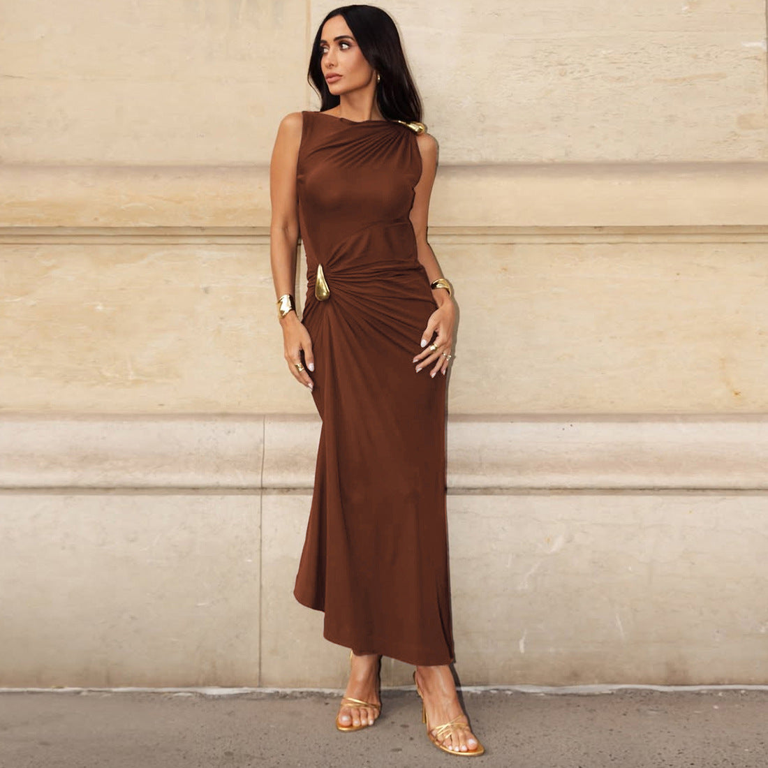 Women's Solid Color Metal Decor Slim Fit Dress