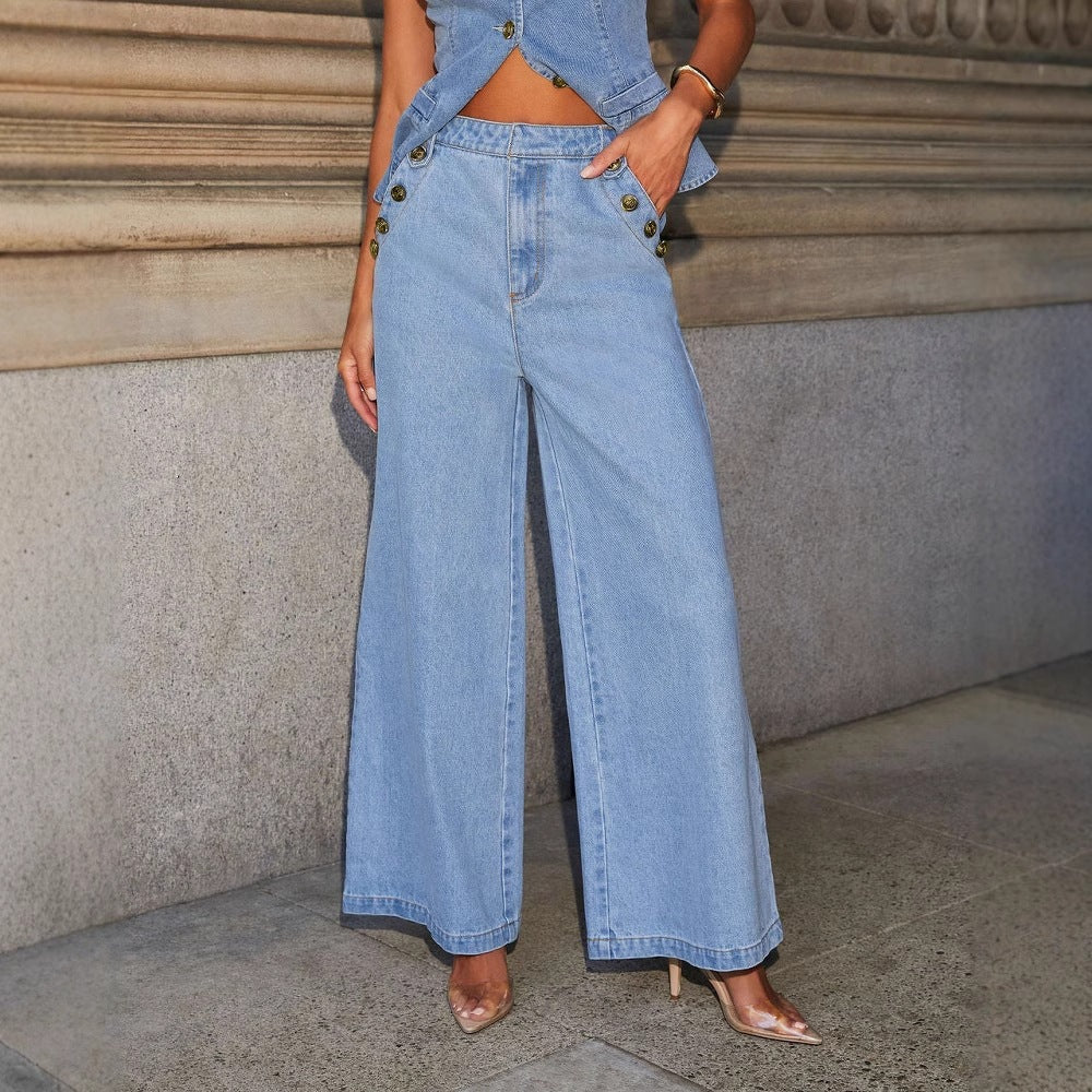 Denim Sleeveless Top and Wide-Leg Pants Set