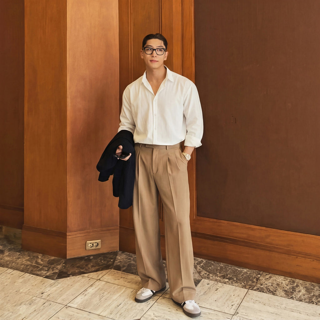 Men's Double Pleated Wide-Leg Trousers