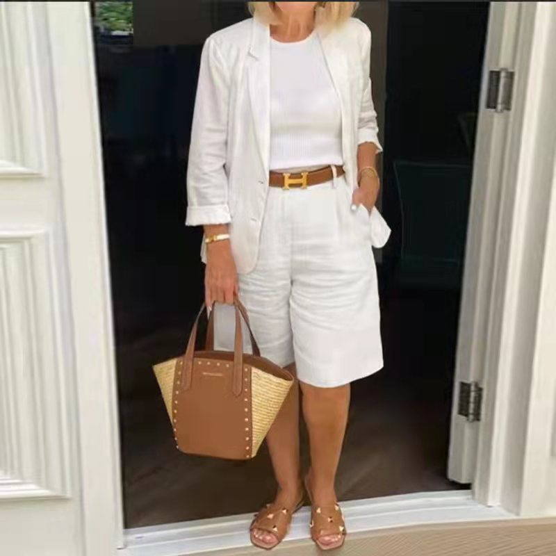 Women's Clothing Cotton and Linen Cardigan Tops Shorts Small Suit Two-Piece Set