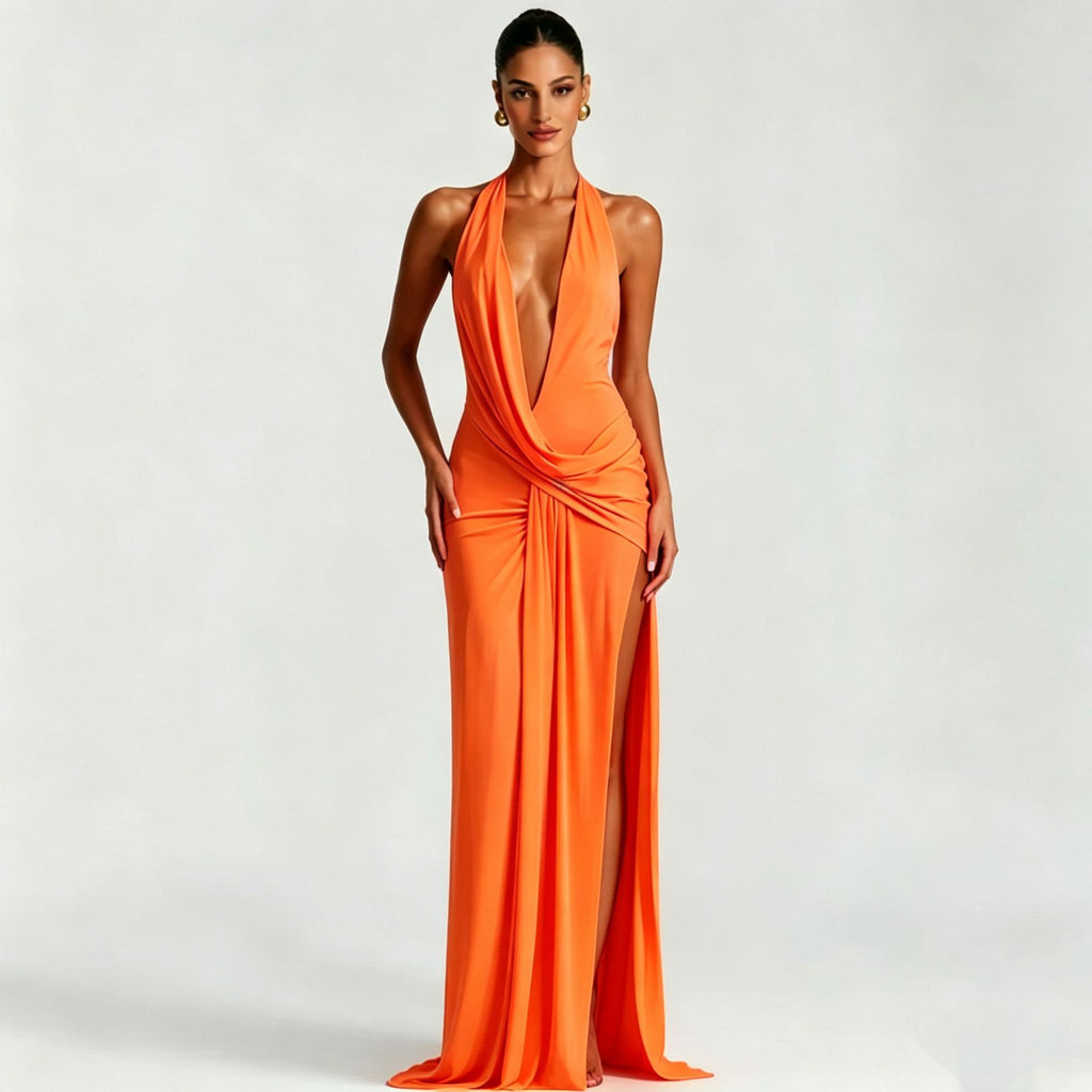 Deep V-Neck Halter Ruched Backless Dress