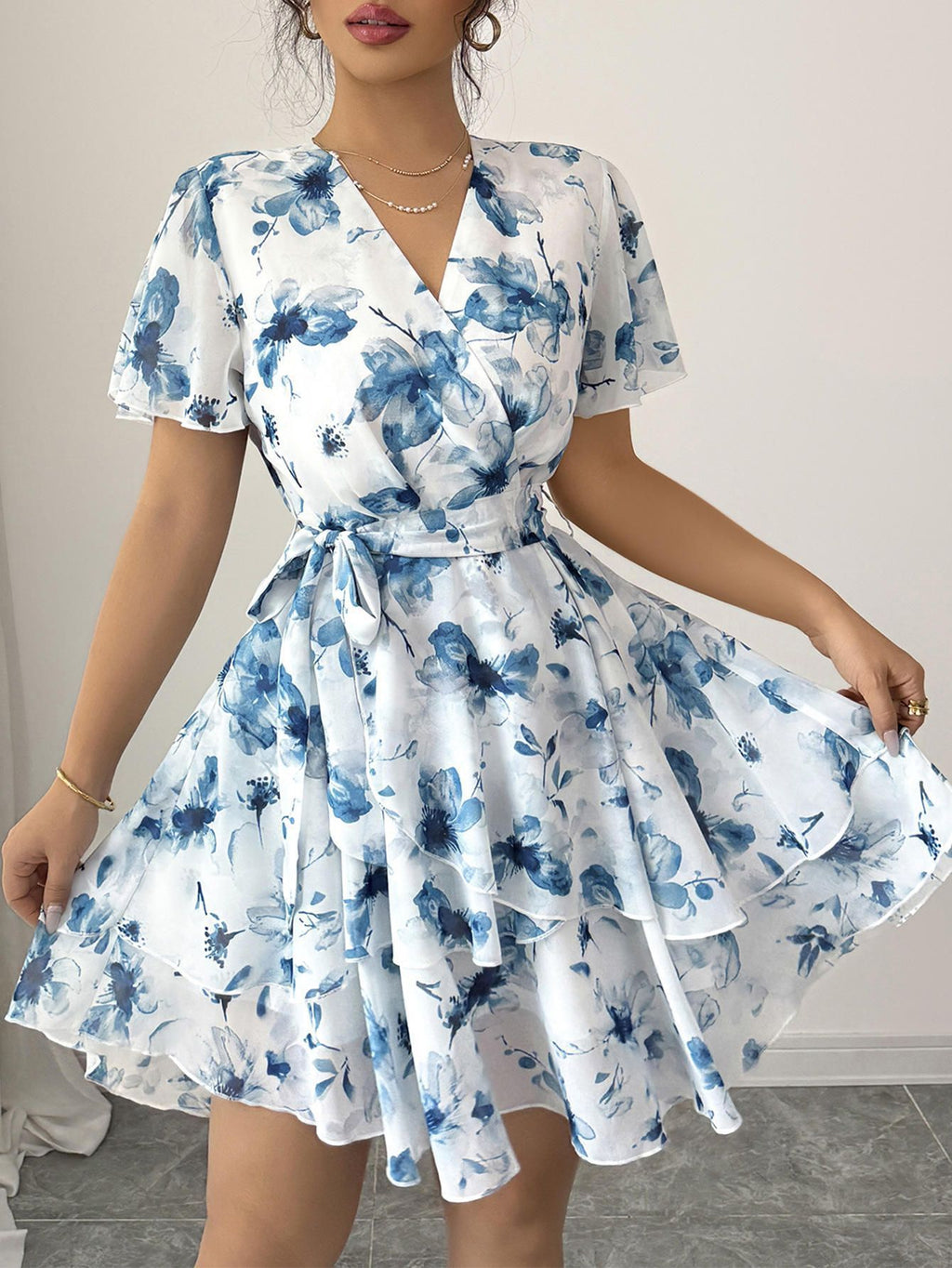 Womens Floral Print V-Neck Short Sleeve Bohemian Swing Dress