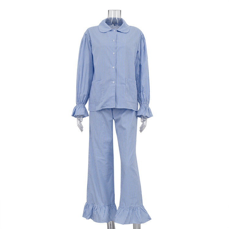 Fashion casual plaid suit women's 2025 new lapel horn sleeve shirt ruffled trousers two-piece set