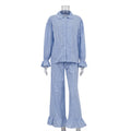 Fashion casual plaid suit women's 2025 new lapel horn sleeve shirt ruffled trousers two-piece set