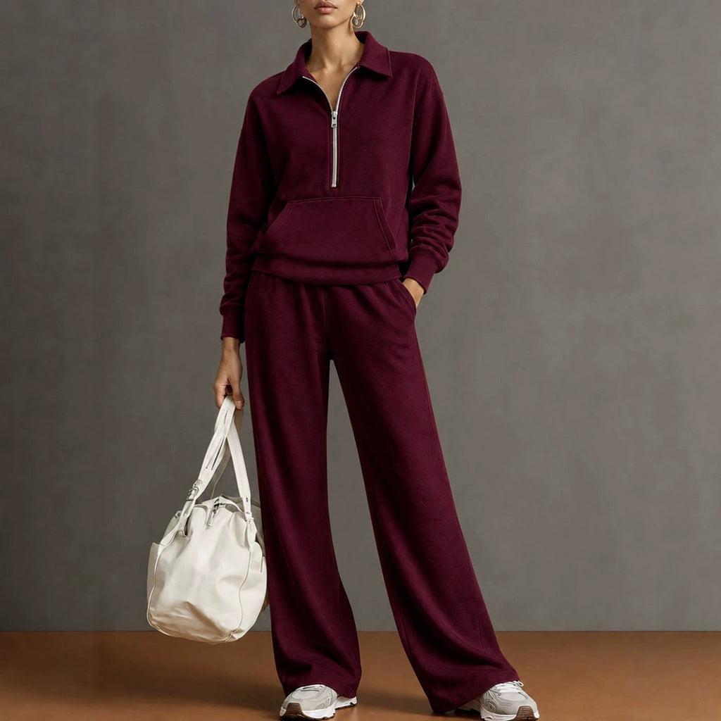 Women Two-Piece Half-Zip Sweatshirt and Wide-Leg Pants Set