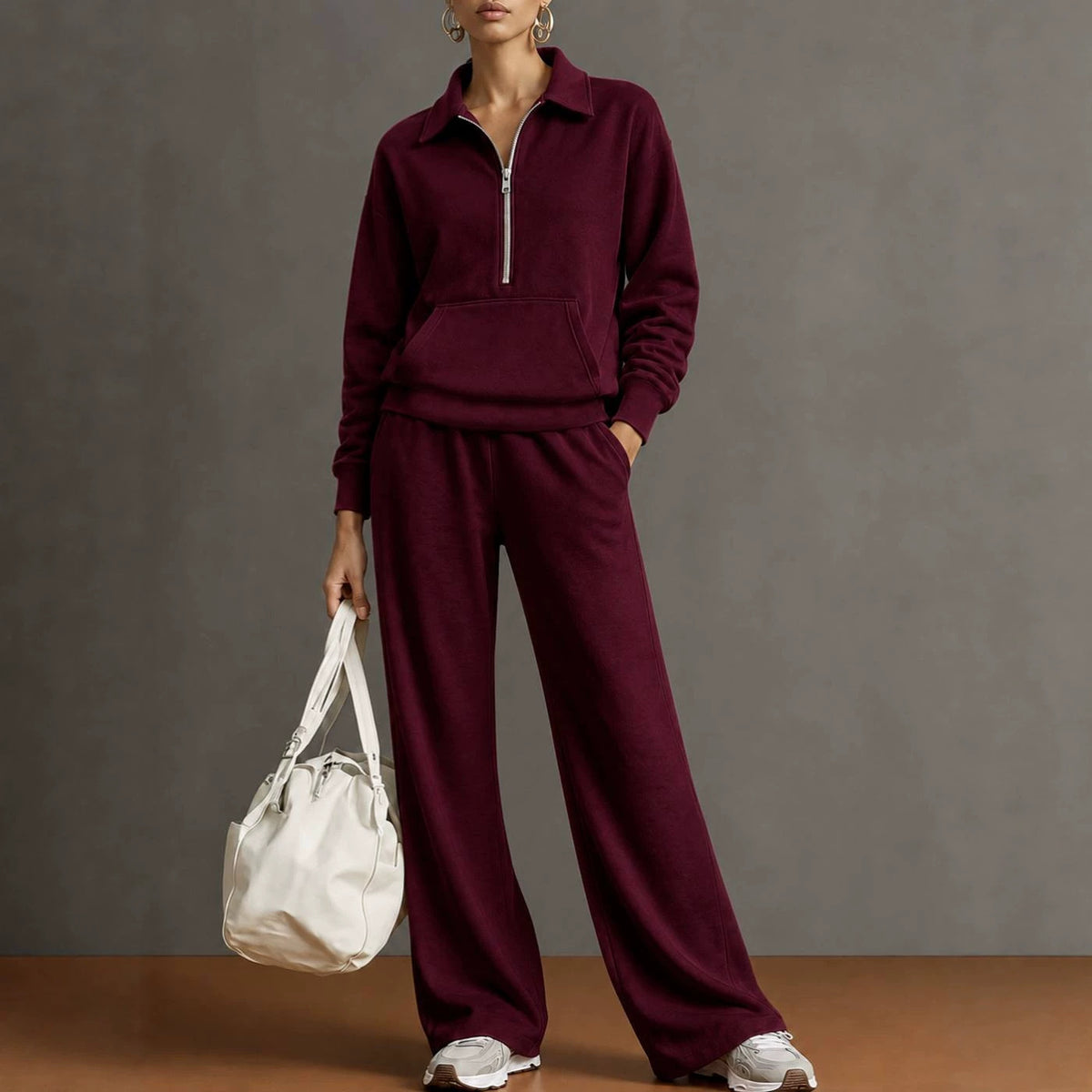 Women Two-Piece Half-Zip Sweatshirt and Wide-Leg Pants Set
