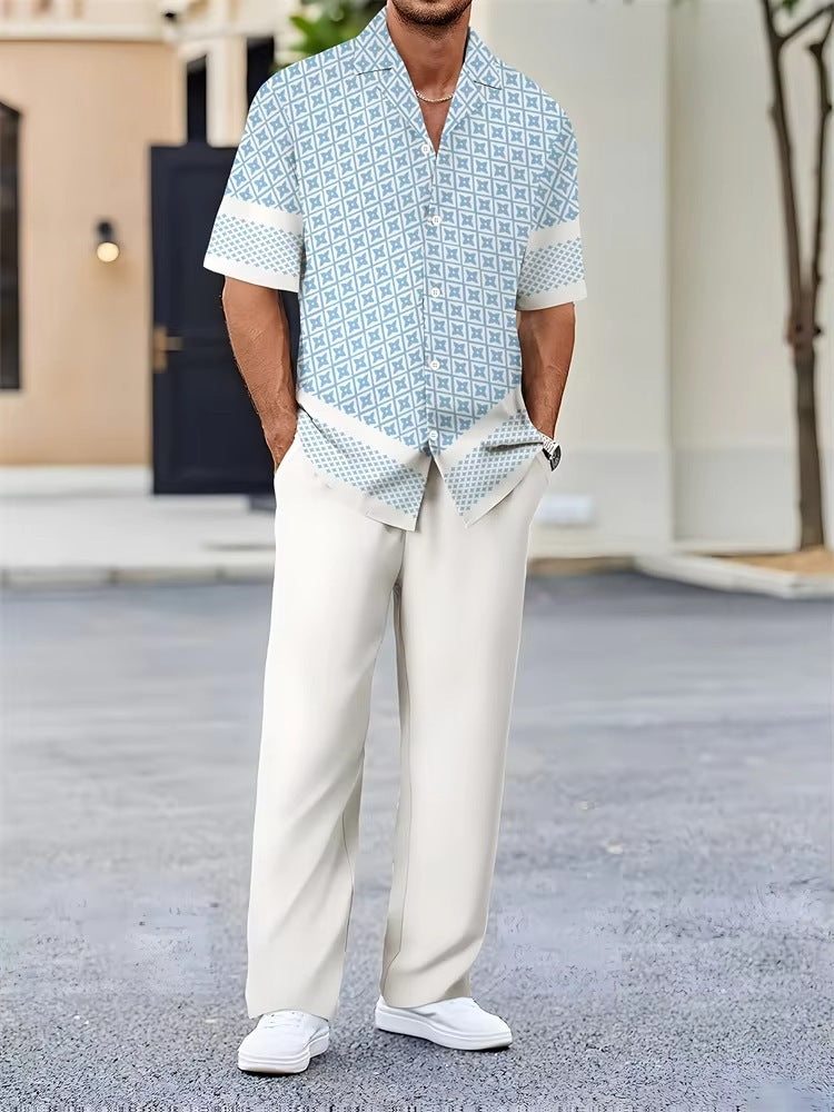 Mens Solid Color Short Sleeve Shirt and Drawstring Long Pants Two Piece Outfit