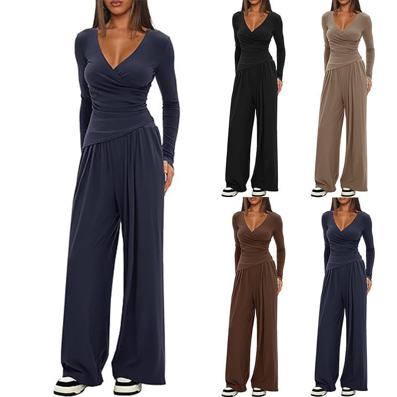 Women's Solid Color Knit V-Neck Long Sleeve Top and Wide Leg Pants Two-Piece Set