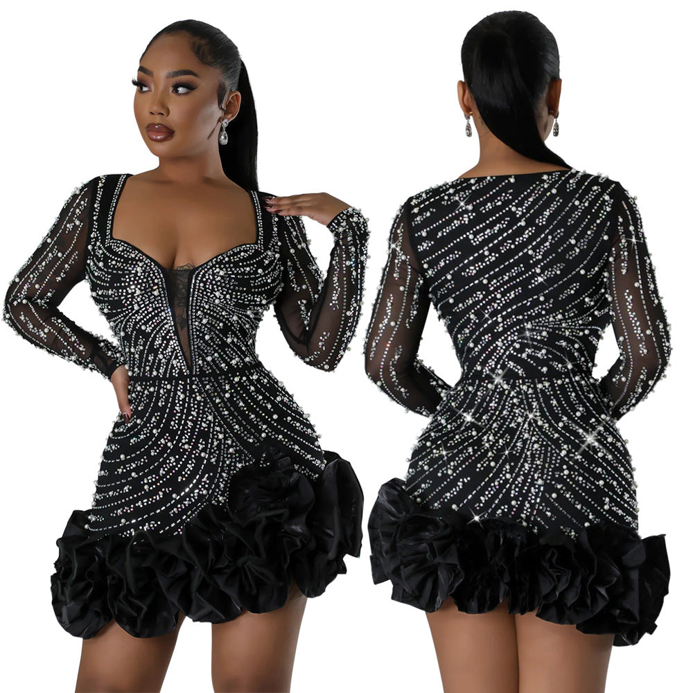 Drilling Bubble Beads Dress Women Long Sleeve Square Collar