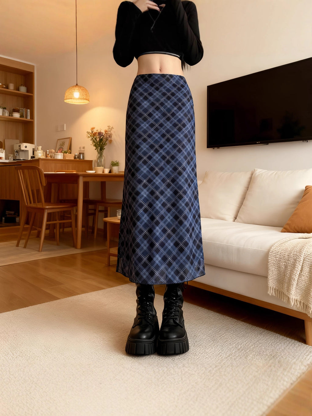 Uena American Retro Lace Bow Plaid Mesh Slit Skirt for Women