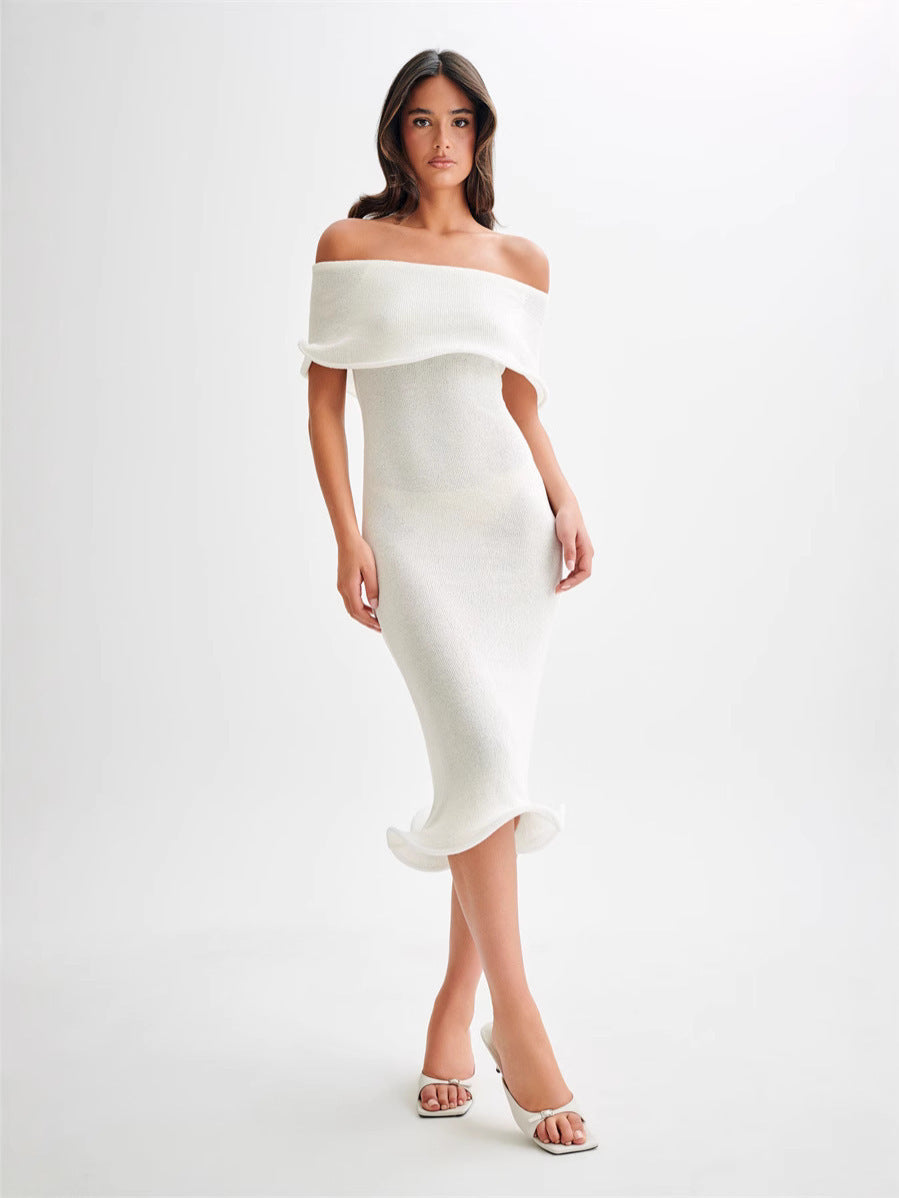 Off-Shoulder Knit Dress with Ruffled Hem