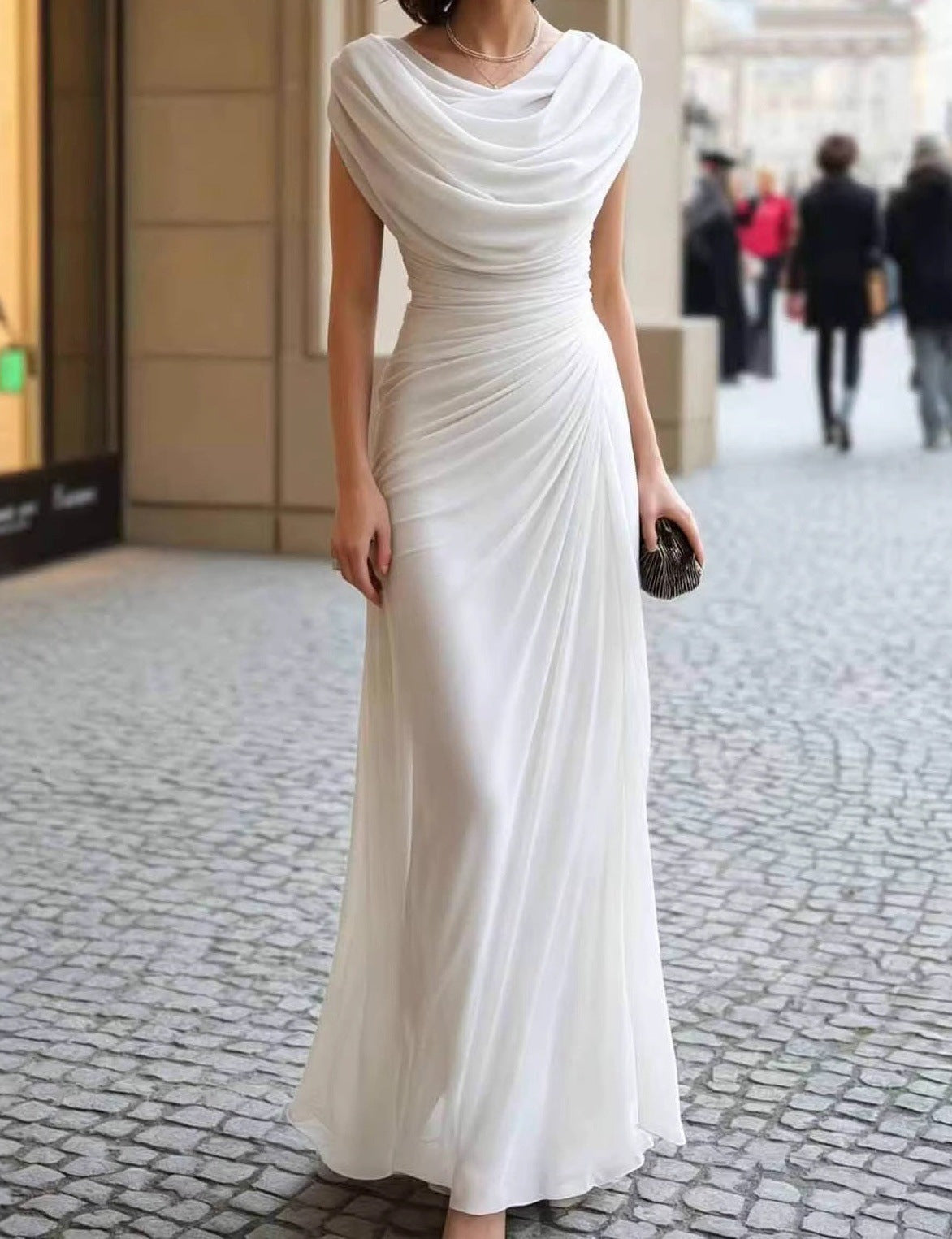 Elegant Ruched Sleeveless Draped Collar Midi Dress