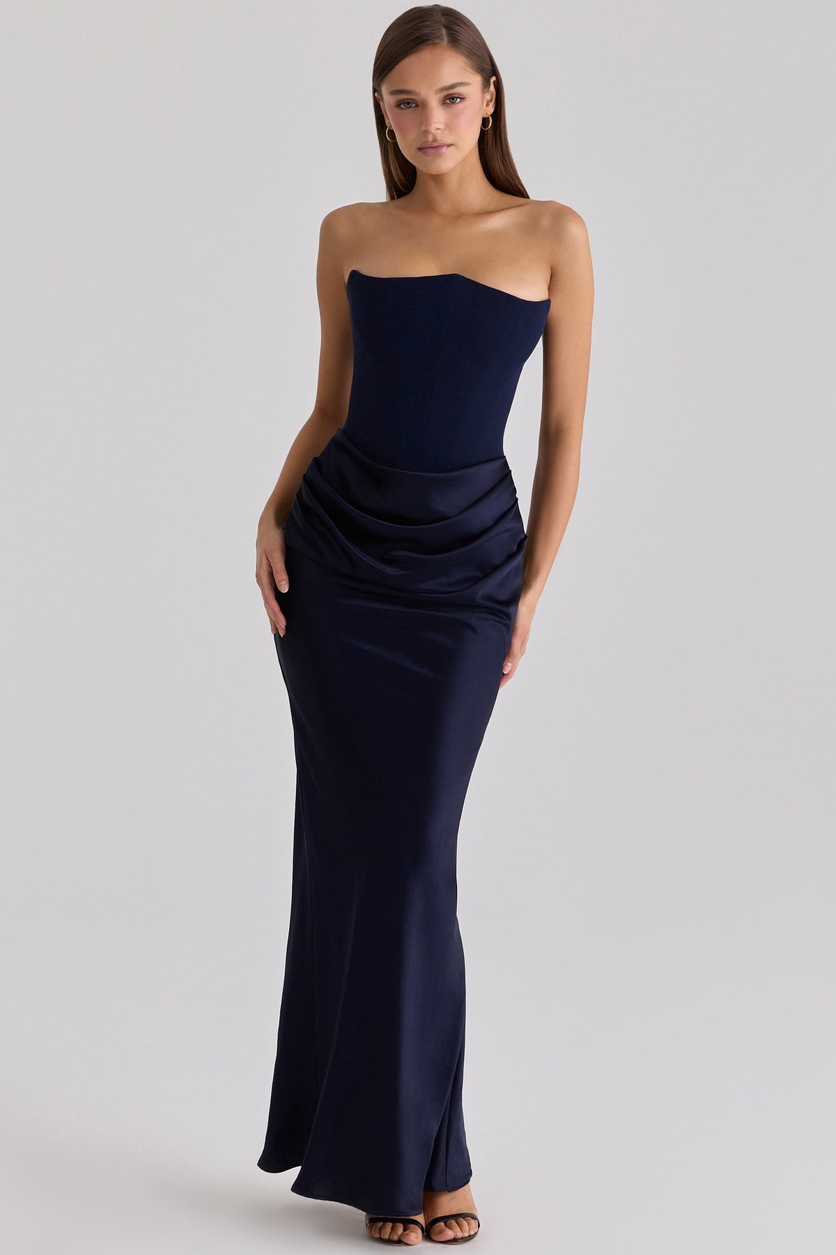 Women's Off-Shoulder Corset Pleated Bodycon Satin Maxi Dress