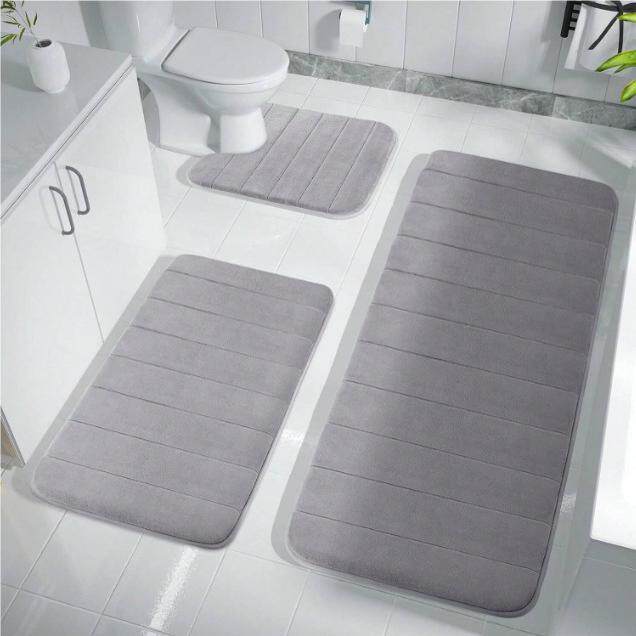 Quilted Coral Fleece Absorbent Non-Slip Bathroom Mat Set