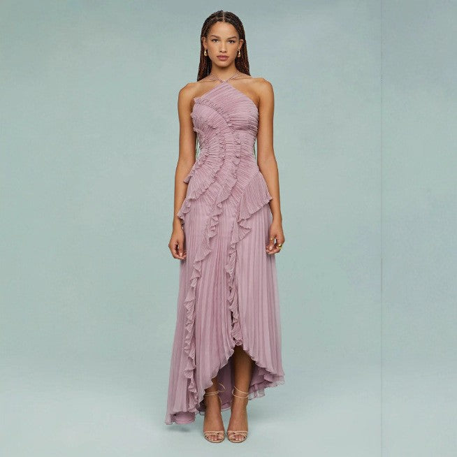 Summer Pleated Halter Neck Backless Dress