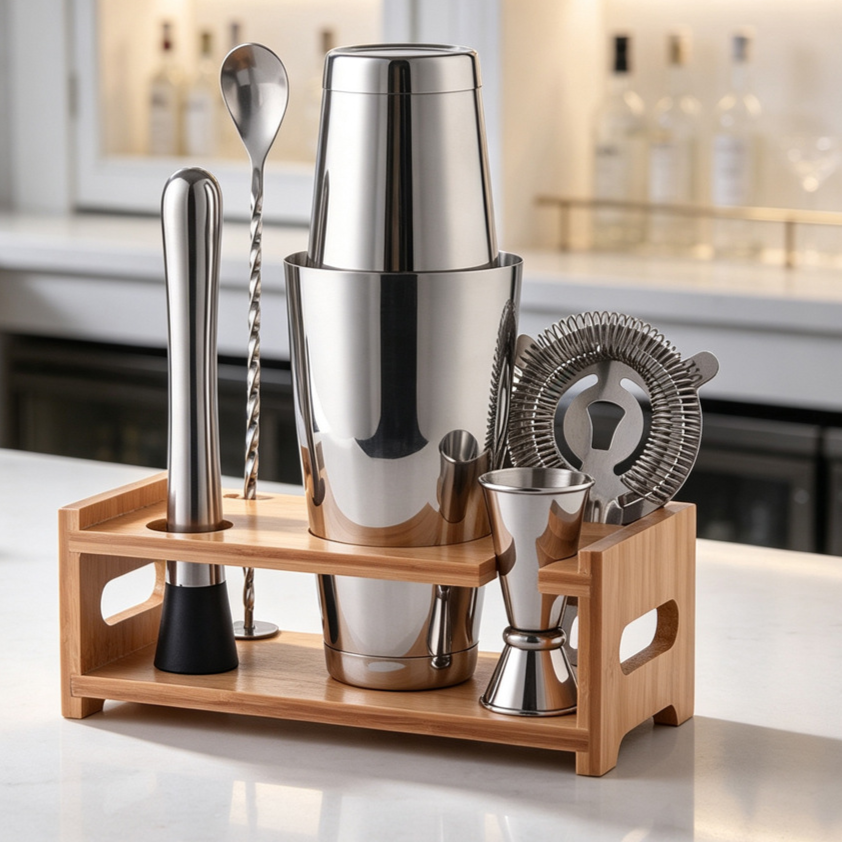 Professional Bartender Kit with Bamboo Rack Cocktail Shaker Set