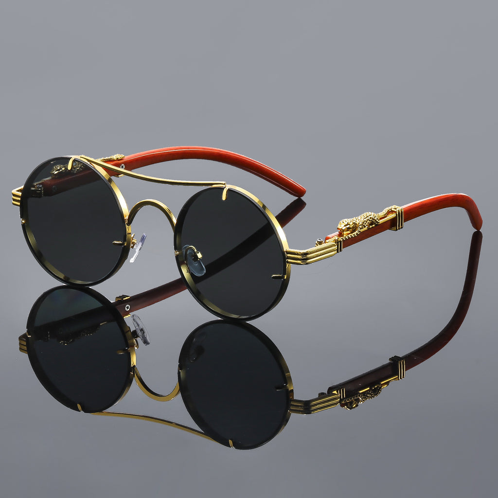 Retro Metal Round Sunglasses with Leopard Head Design