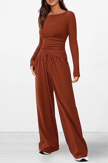 Women Asymmetric Long Sleeve T-Shirt and Wide Leg Pants Set