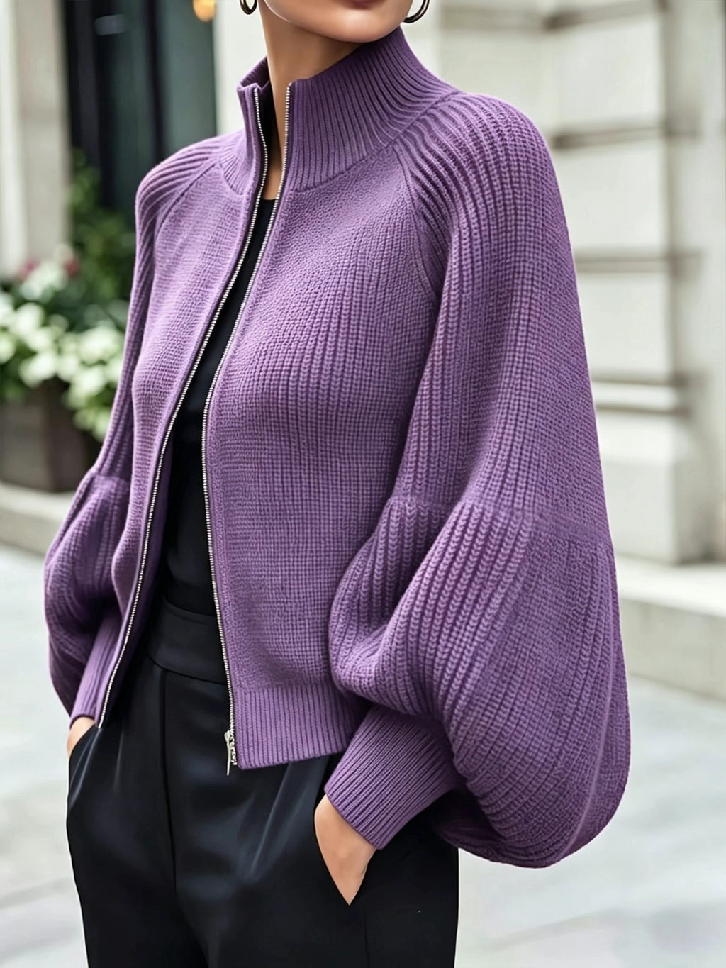 Women's Textured Knit Stand Collar Balloon Sleeve Cardigan
