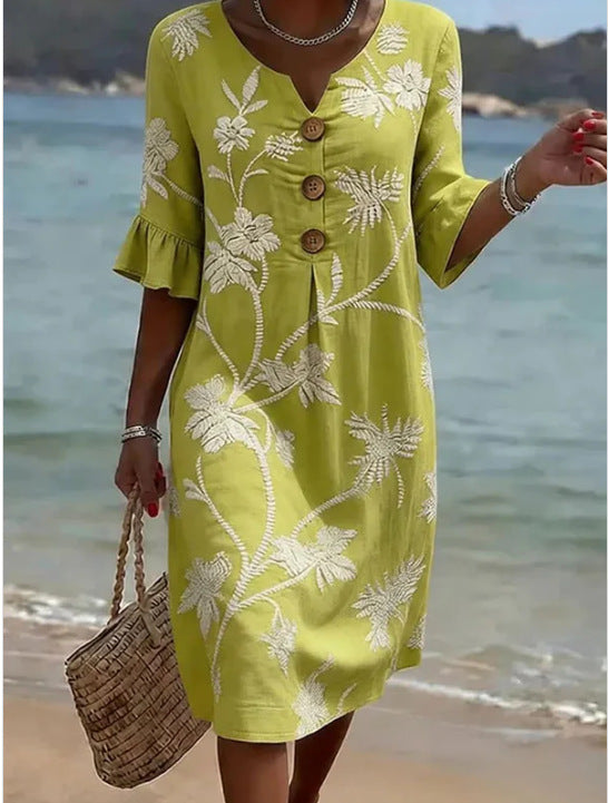 Women's V-Neck Printed Ruffle Mid-Sleeve Summer Dress