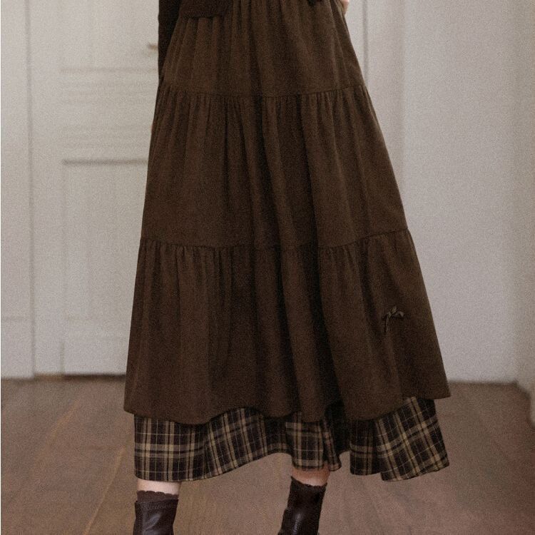 Woolen corduroy patchwork check high-waisted A-line long dress