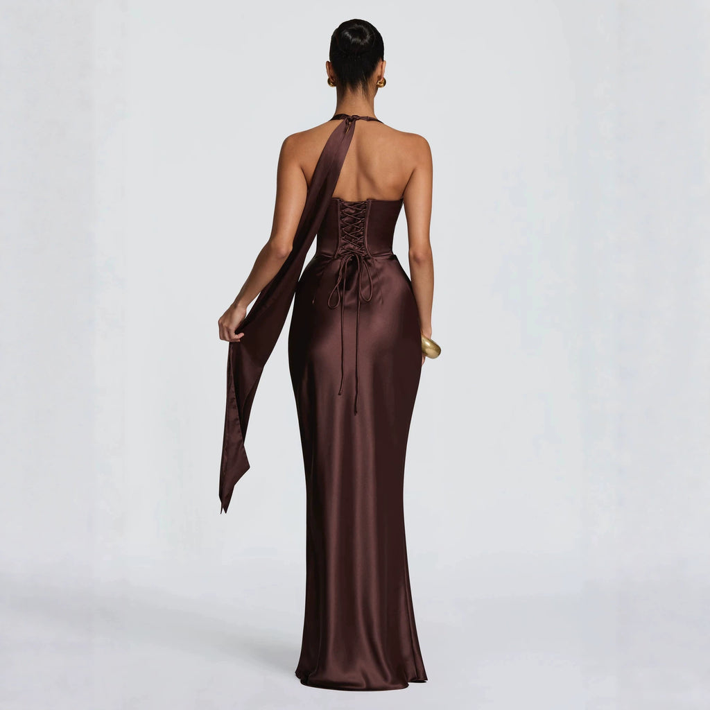 Fashion Elegant Satin Halter Neck Ribbon Backless Cross-Tie Floor-Length Fishtail Gown Dress