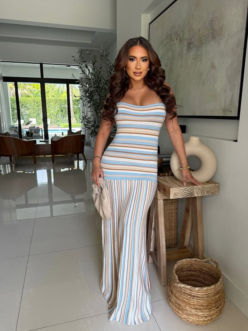 Womens Sling Backless Striped Dress