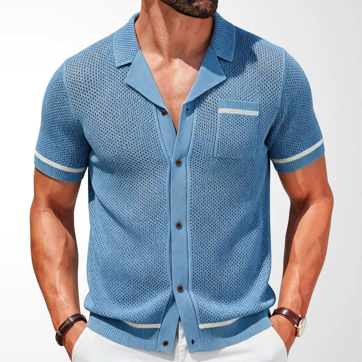 Cross-Border Men's Casual Style Cuban Collar Knitted Top Short-Sleeved Hollow Breathable Cardigan Polo Shirt Sy0103