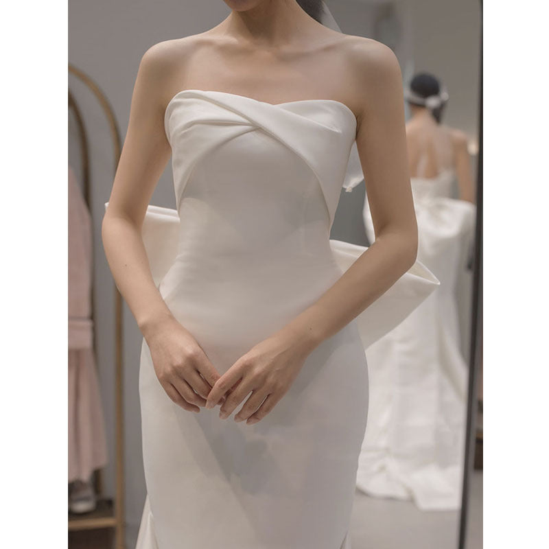 White satin strapless lightweight wedding dress