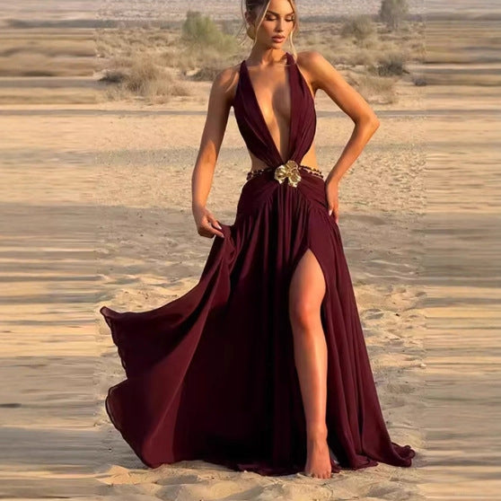 Elegant Lace-Up Backless High-Slit Dress