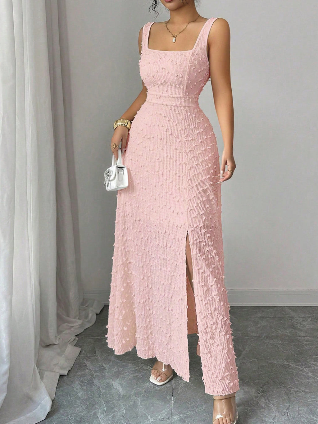 Square-Neck Jacquard Long Dress