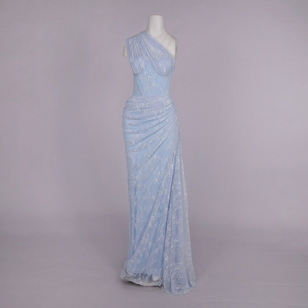 One-Shoulder Lace Long Dress with Stretch Bandage Fabric